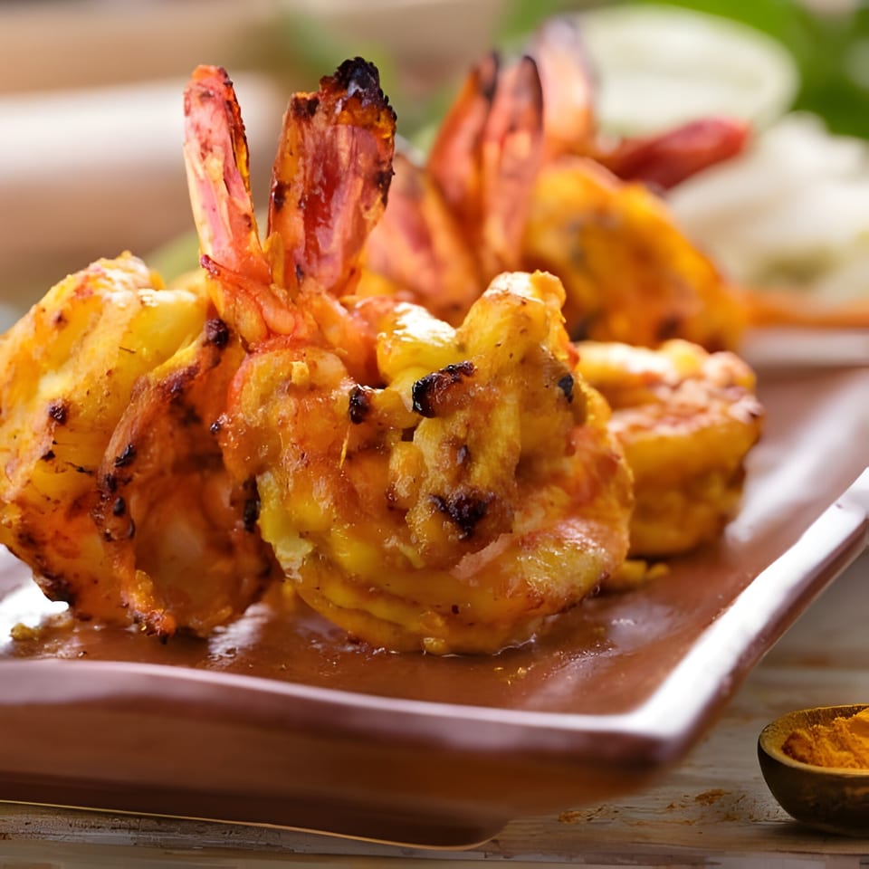 Close-up of several grilled Indian spiced shrimp on a brown plate, with a small bowl of spices.