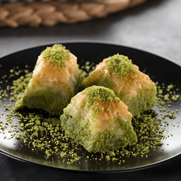 Three pieces of golden-brown baklava, generously topped with vibrant green pistachio crumbles, on a black plate.