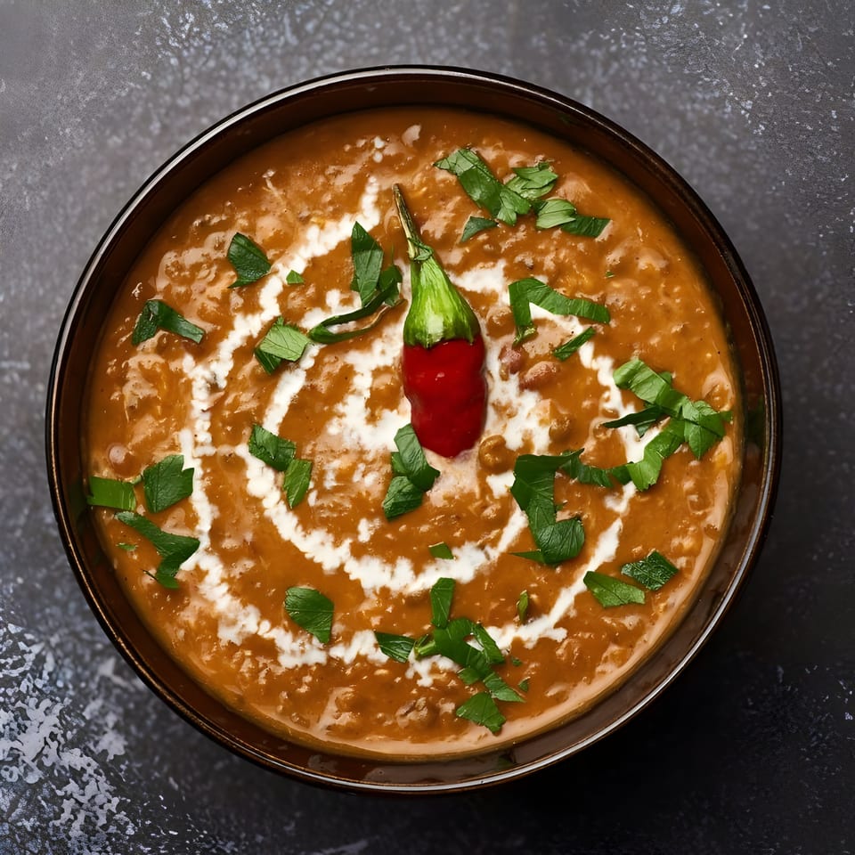 Overhead view of a bowl of Indian dal, garnished with cream swirls, fresh herbs, and a red chili.