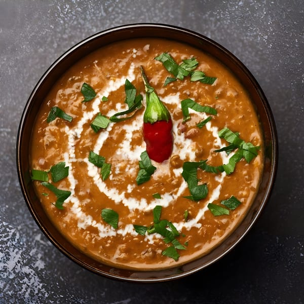 Overhead view of a bowl of Indian dal, garnished with cream swirls, fresh herbs, and a red chili.