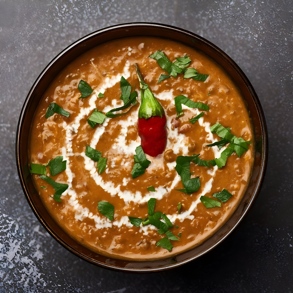 Overhead view of a bowl of Indian dal, garnished with cream swirls, fresh herbs, and a red chili.